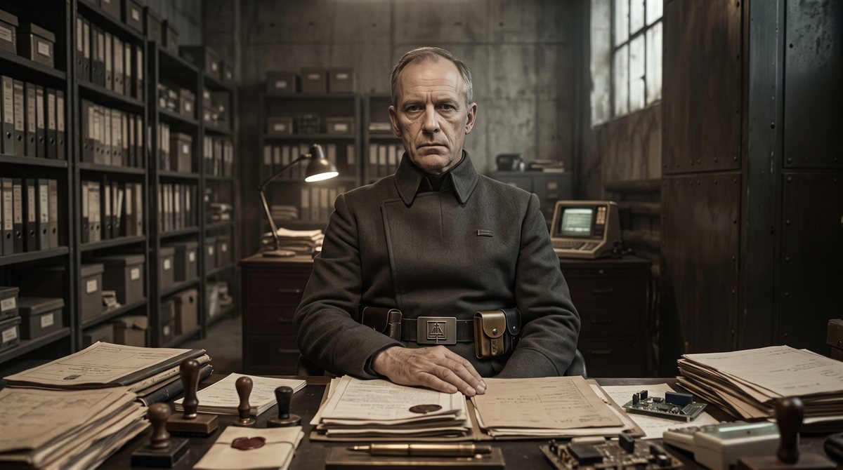 A plain middle-aged man in a dark high-collared uniform seated at a paperwork desk, surrounded by stacked files and shelved records in a dim archive