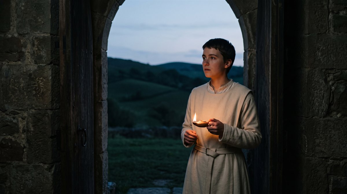 Peran Slade at dusk in the open stone doorway of the chapter house, a small lit oil lamp cupped in their hands as the only warm light, gazing out toward green hills going dark — plain undyed novice's tunic, short practical hair, caught between staying and going.