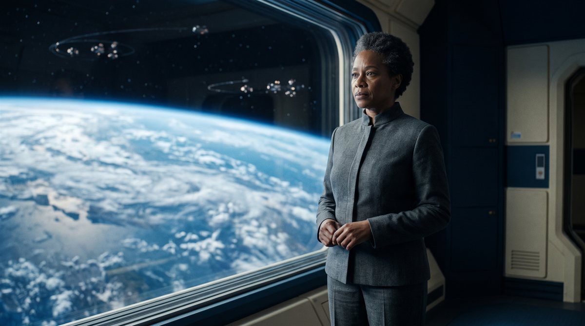 Governor Petra Voss, a Black woman with close-cropped grey hair in a plain grey high-collared suit, standing at a wide habitat window and looking out past it. Earth fills the view below, with lit orbital structures ringing the dark above the limb.