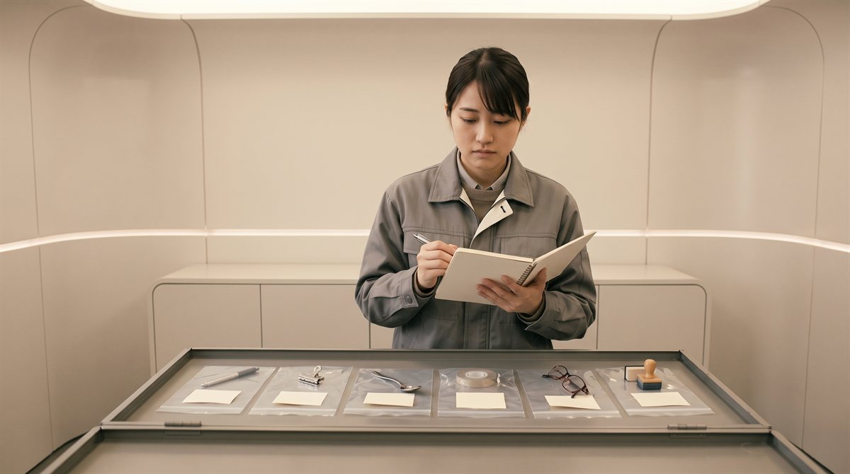 A young Japanese woman in a plain grey work jacket with a small white tab bearing one black stroke at the collar stands writing in a spiral notebook, looking down at the open lid of a lost-property container in front of her, where six clear bags are laid out in a row, each holding one small object and a blank paper slip: a stylus, a clip, a spoon, a reel of tape, a pair of glasses, a rubber stamp. Behind her a records room of the far future, seamless pale panels curving into the ceiling, a recessed line of soft light, and a low sealed unit with no handles.