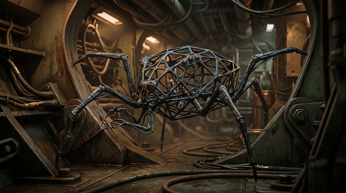 Qiren Tal, a Veyr Basaltborn engineer, at work on a hull junction in a dim service space. The body is an open lattice of fine dark iridescent struts with no solid trunk — the bulkhead is visible through it — carried on many slender jointed limbs at irregular angles, several braced for load while others work a single point. Clusters of small compound eyes sit around the upper lattice.