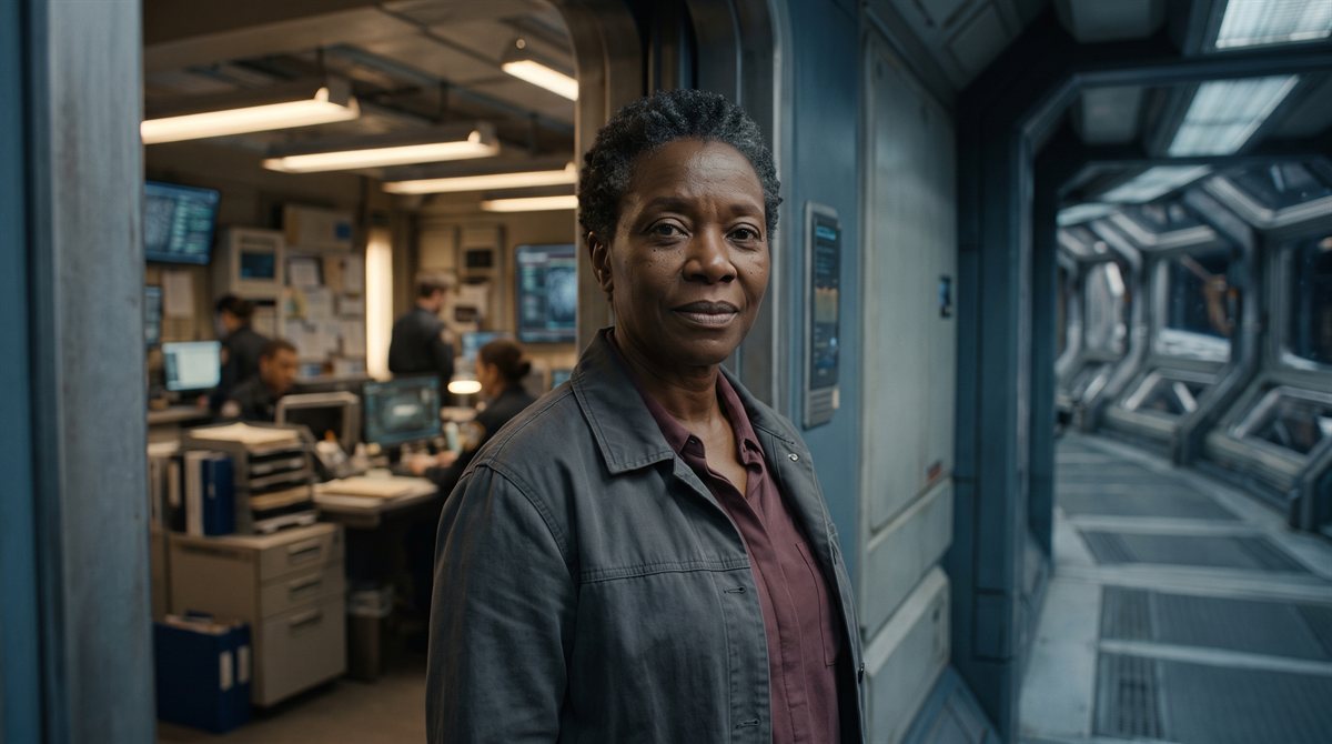 Superintendent Rasa Oyelaran, a Black woman in her fifties with short greying natural hair, in a plain grey work jacket over a maroon shirt, standing in the doorway of a busy detective bureau aboard a space habitat. Detectives work at terminals behind her; a lit corridor runs away to the right.