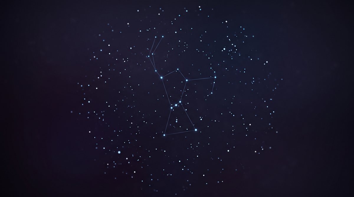 An abstract emblem for an investigative intelligence: cool blue points of light scattered across a deep indigo field, a handful of them joined by faint thin lines into a partial figure while the rest stay unconnected — a pattern half-found and not yet claimed.