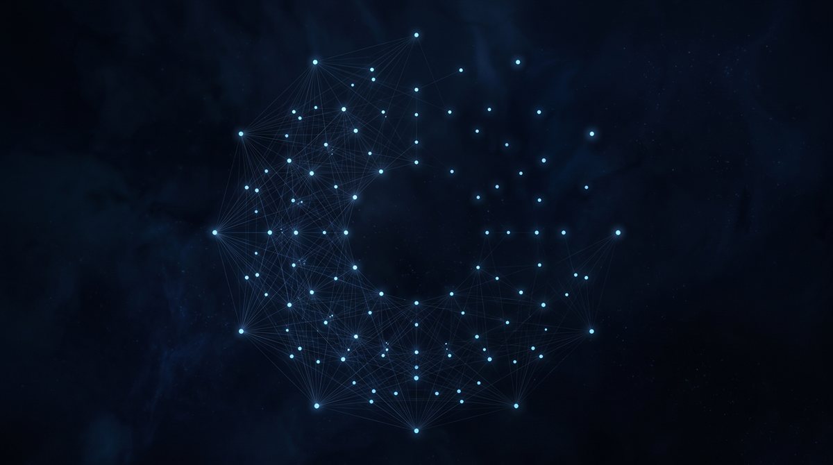 An abstract emblem for an investigative intelligence: cool blue points of light on a deep indigo field, joined by fine lines into a dense ring that is almost closed and still open along one edge — the same emblem as Eden's Reeves, further along.