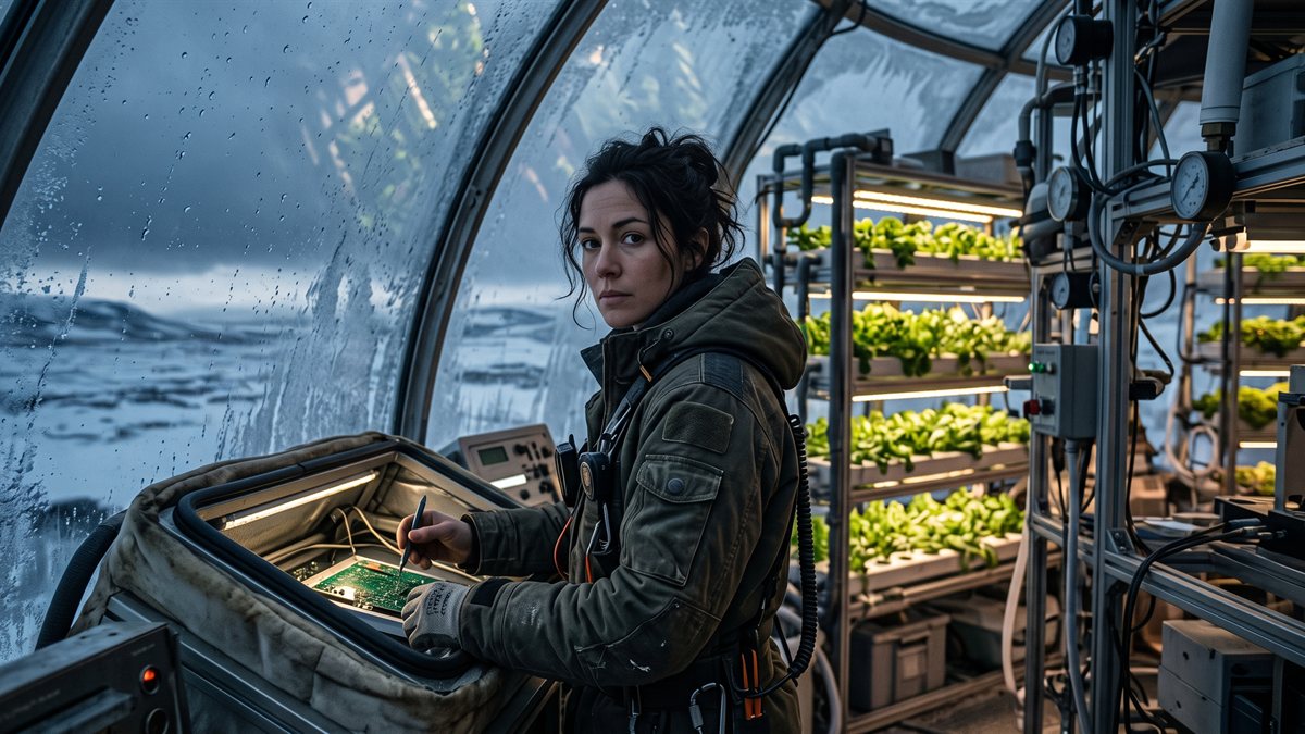 Rhian Gwynne at an open equipment panel in a dome growing bay, a woman in a padded work jacket with her hair pushed back, one hand in the wiring and her eyes on the connection she is making. Racks of young green crops stand behind her, and beyond the curved glass the light is cold and the water grey.
