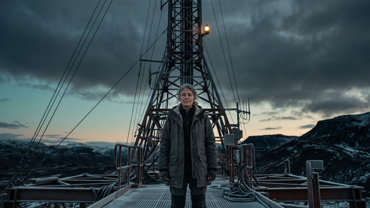 Rhiannon Ceridwen beneath the mast of her relay station at dusk, a composed woman with grey curling hair in a heavy practical coat, standing level and unhurried on the platform decking with her hands at her sides, facing the viewer. The mast rises directly behind her, guy lines going up into low cloud, one small steady light burning high on it.