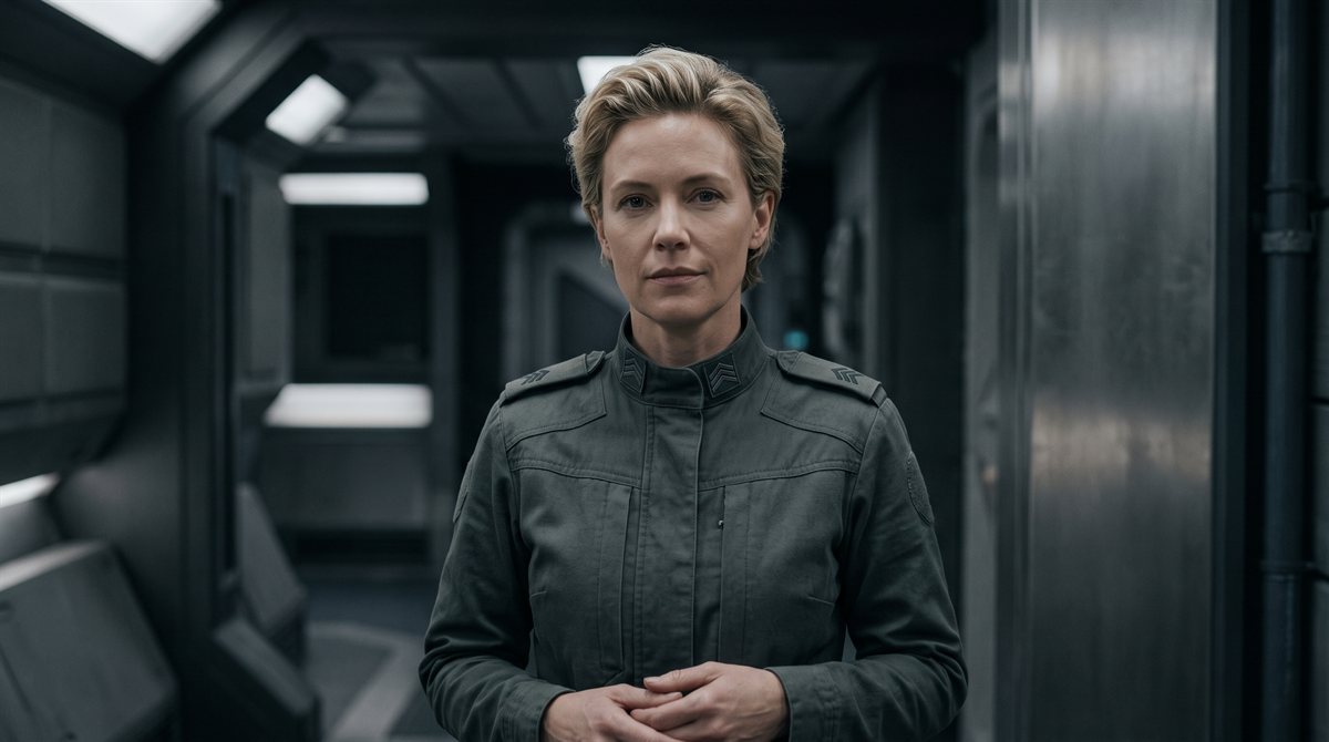 Rosalind Vey, a woman with short fair blonde hair pushed back, standing in a dim habitat corridor in a grey tactical-response jumpsuit marked with small chevrons at the collar and shoulders, composed and unbothered, lit by recessed overhead panels.