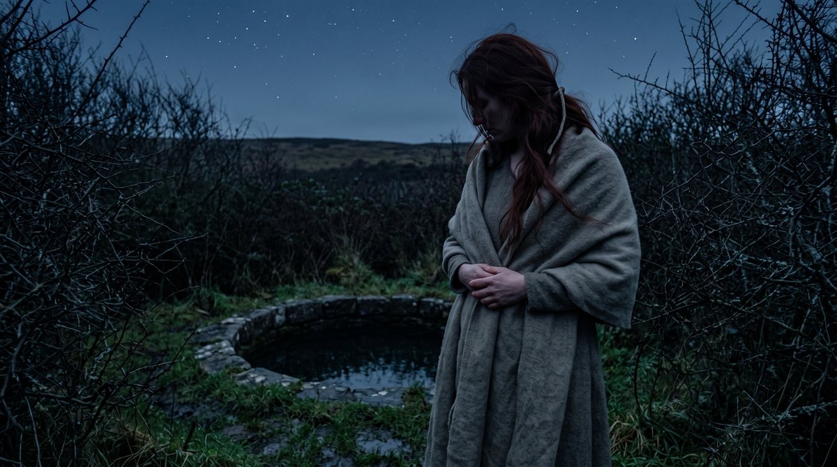 Aoife, a woman in an undyed woollen dress and shawl with long dark red hair, standing at a low stone-kerbed spring in a blackthorn thicket at night, her face turned down toward the water and lost in shadow. Moorland and a plain sky of small stars lie behind.