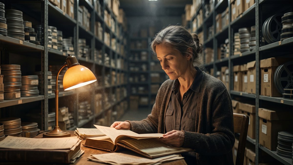 Sen Lovax at the archivist's desk deep in the Survey Archive stacks, reading an open volume under a single shaded lamp, one hand flat on the page. Shelving runs away into the dark on both sides, filled with boxed records and film cans.