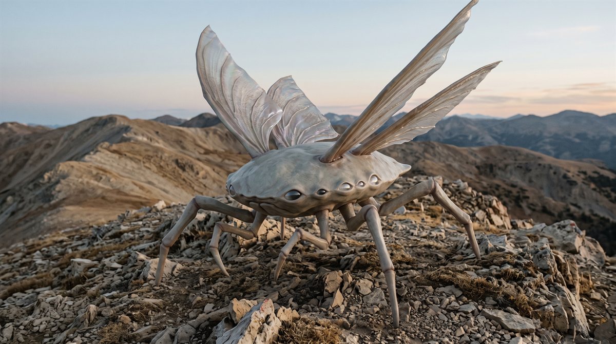 Sethka Ru, a Serephine Dunekin scout, on a high stony ridge at dusk. The body is a low pale sealed carapace held clear of the ground on six slender radial limbs, with several enormous thin translucent respiratory vanes unfurling from its upper surface, caught halfway open for the evening margin. Small dark eye-spots glazed with pale membranes ring the carapace.