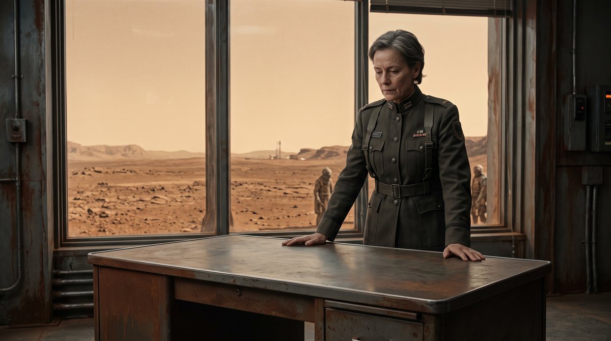 Sildron Drey, a woman in her fifties with short grey hair, in a severe olive-grey service uniform, standing at a bare metal desk with both hands resting on it and looking down at the work. A tall window behind her opens onto flat rust-red Martian ground under a pale sky, with two figures outside.