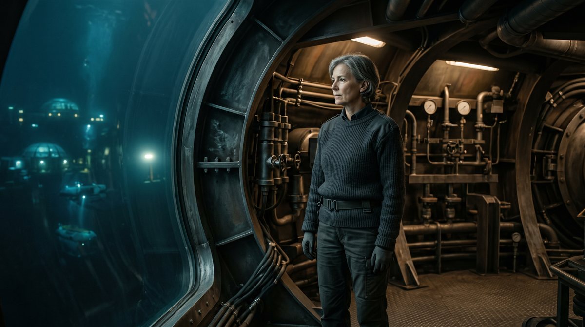Sofia Santos, a woman in her fifties with short grey hair, in a dark knitted jumper and plain trousers, standing inside the heavy riveted pressure hull of a seabed city beside a wide thick viewport onto dim green-blue water, where the lit domes of other structures and a work light show in the dark. Pipework and plain gauges line the wall behind her; no sky anywhere.