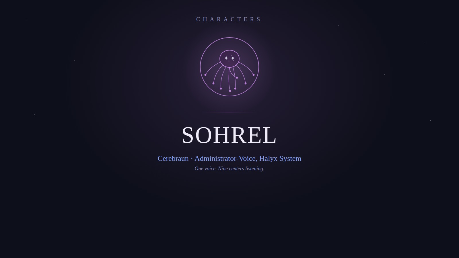 Designed cover for Sohrel: a cephalopod-like figure with a central mantle and eight radiating limbs, each ending in its own ganglion node, in a ringed emblem on a dark starfield.