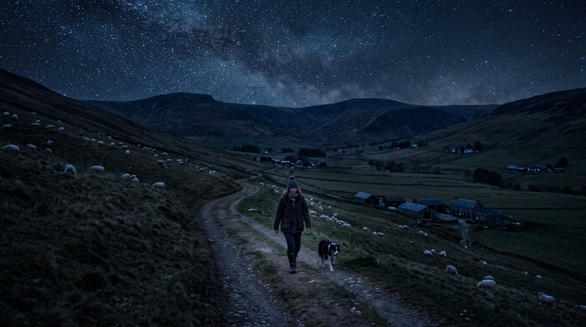 Sorcha Nic Dhiarmada, a small figure wrapped against the cold, walking a rough hill track at night with a dog at her heel and pale sheep on the slope. Below lies a valley of steadings with every light out; above, a sky thick with stars lights the whole scene.
