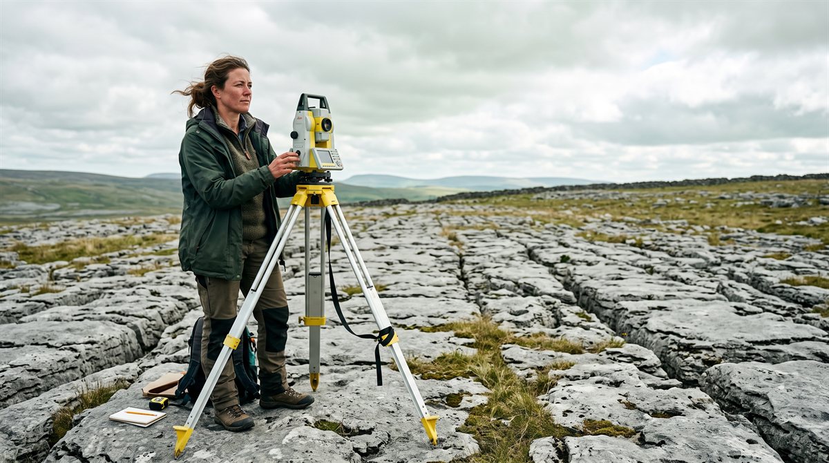Sorcha Shepherd, a woman in her thirties in a green outdoor jacket, standing at a tripod-mounted survey instrument on bare fissured limestone pavement with one hand steadying it, looking off along her line rather than through the eyepiece. Thin grass grows in the cracks and a drystone wall runs along the skyline under bright overcast.