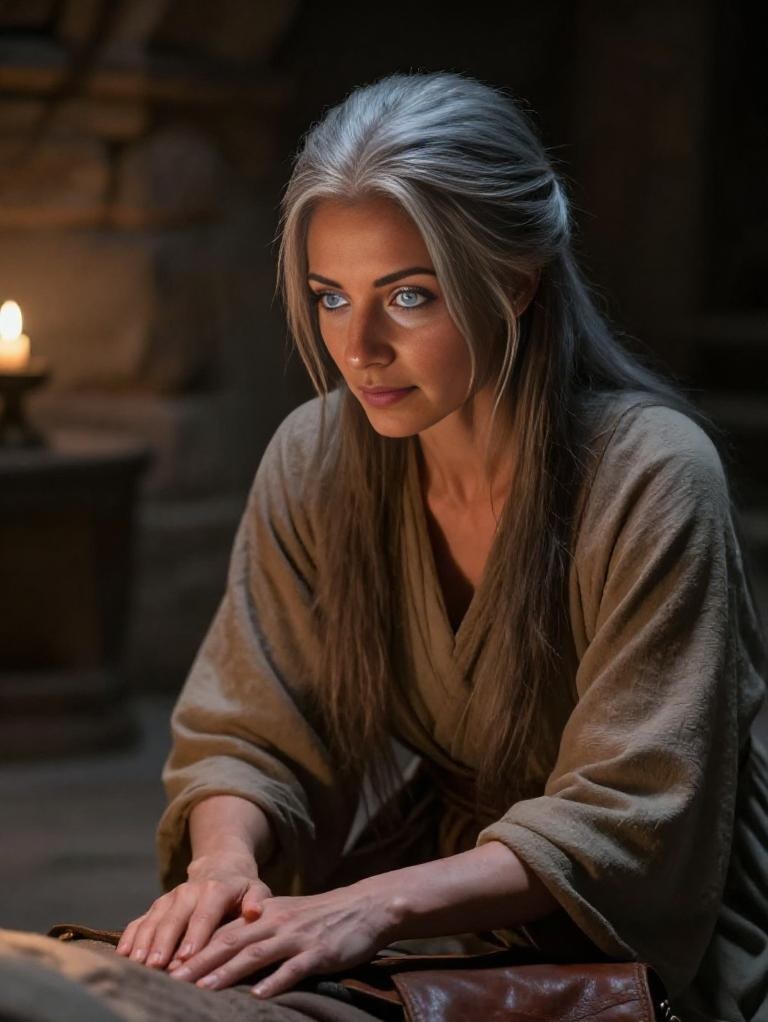 A woman with long silver-fair hair, in homespun wrapped robes, kneeling in a candlelit stone room with one hand resting on a blanketed figure and a worn leather satchel at her hip