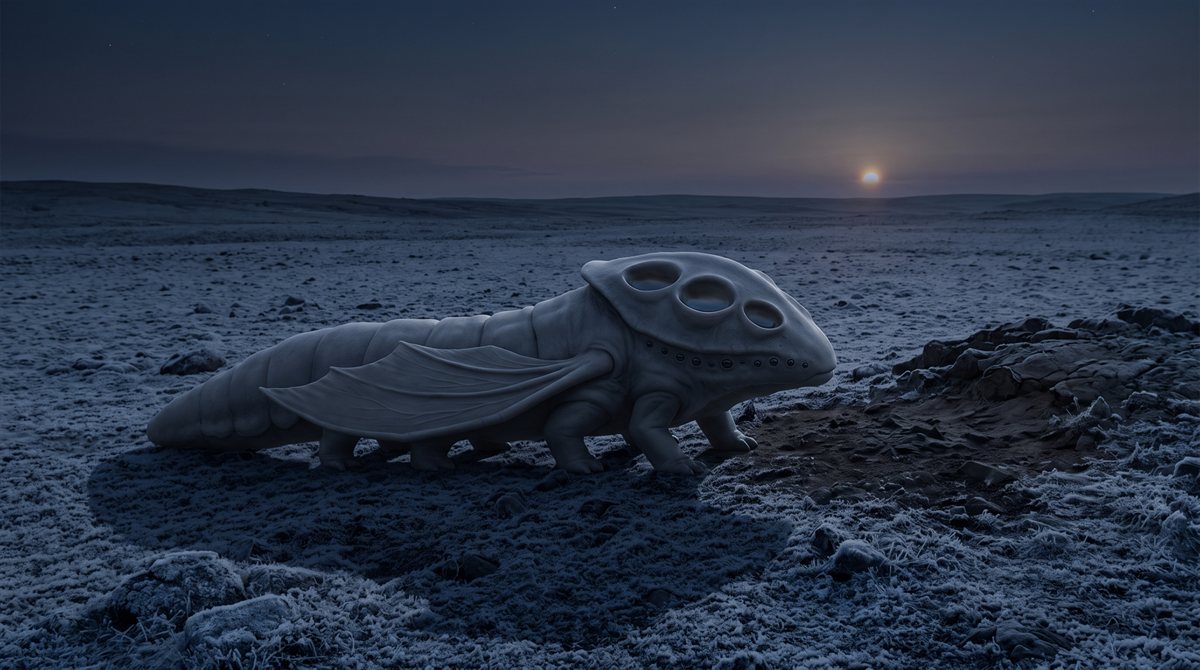 Suvra Kel keeping a night watch on a frozen plain: a long, low, segmented slate-grey body on several pairs of short limbs, broad vanes folded flat along the flanks, resting beside a dark frost-free outcrop. The forward crest carries wide round hollows holding faint reflections of the sky. A small dim sun sits low on the horizon under a handful of stars.