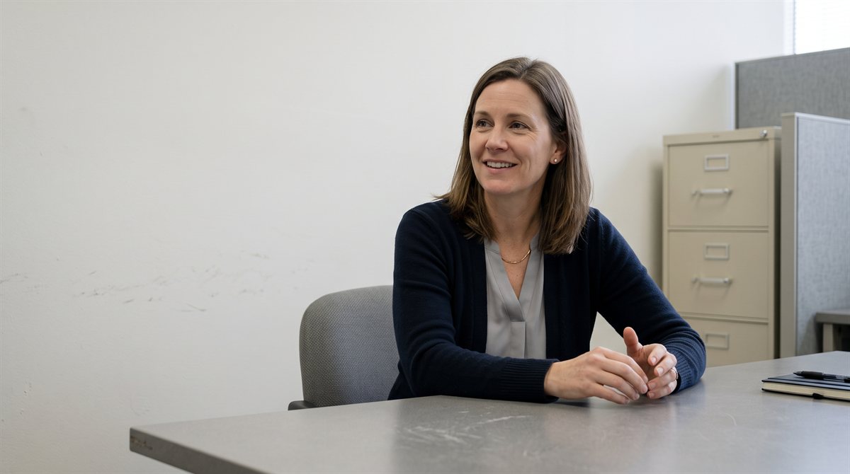 Sylvie Harrow, a woman in her forties with shoulder-length brown hair, in a dark cardigan over a grey top, seated at a bare grey table in a plain office with her hands together, smiling pleasantly at someone out of frame. A filing cabinet and a partition stand behind her. Nothing in the room is out of place.