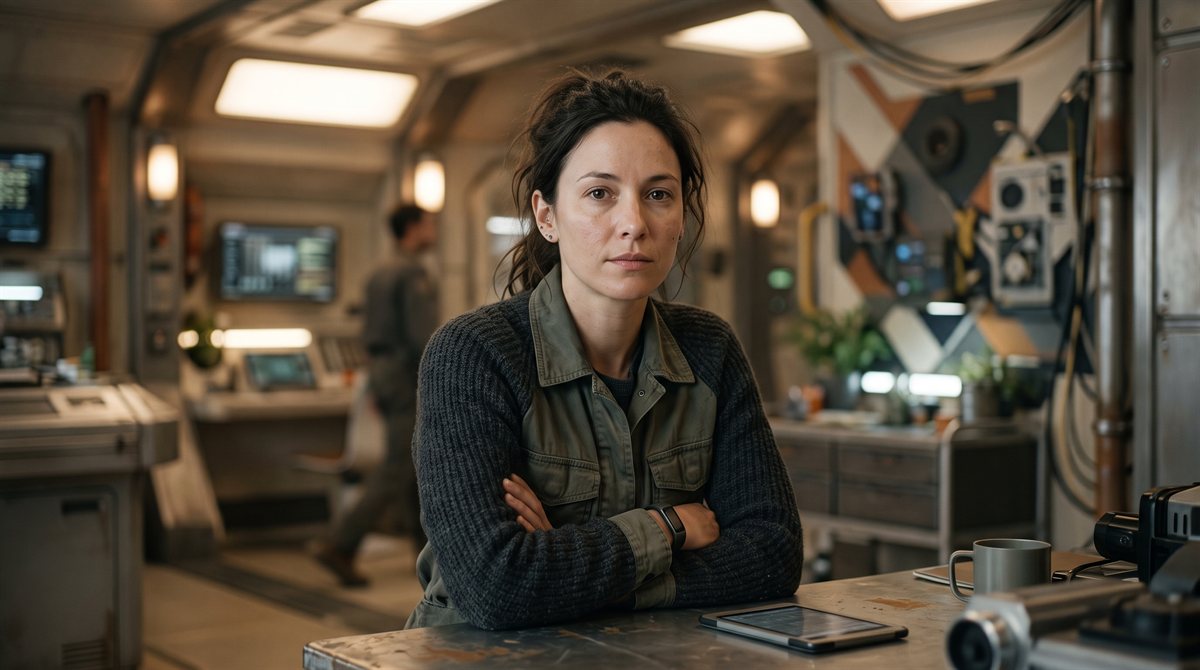 A woman in plain civilian clothes with her arms folded, leaning against a workbench in a softly lit habitat interior, her expression neutral and unreadable
