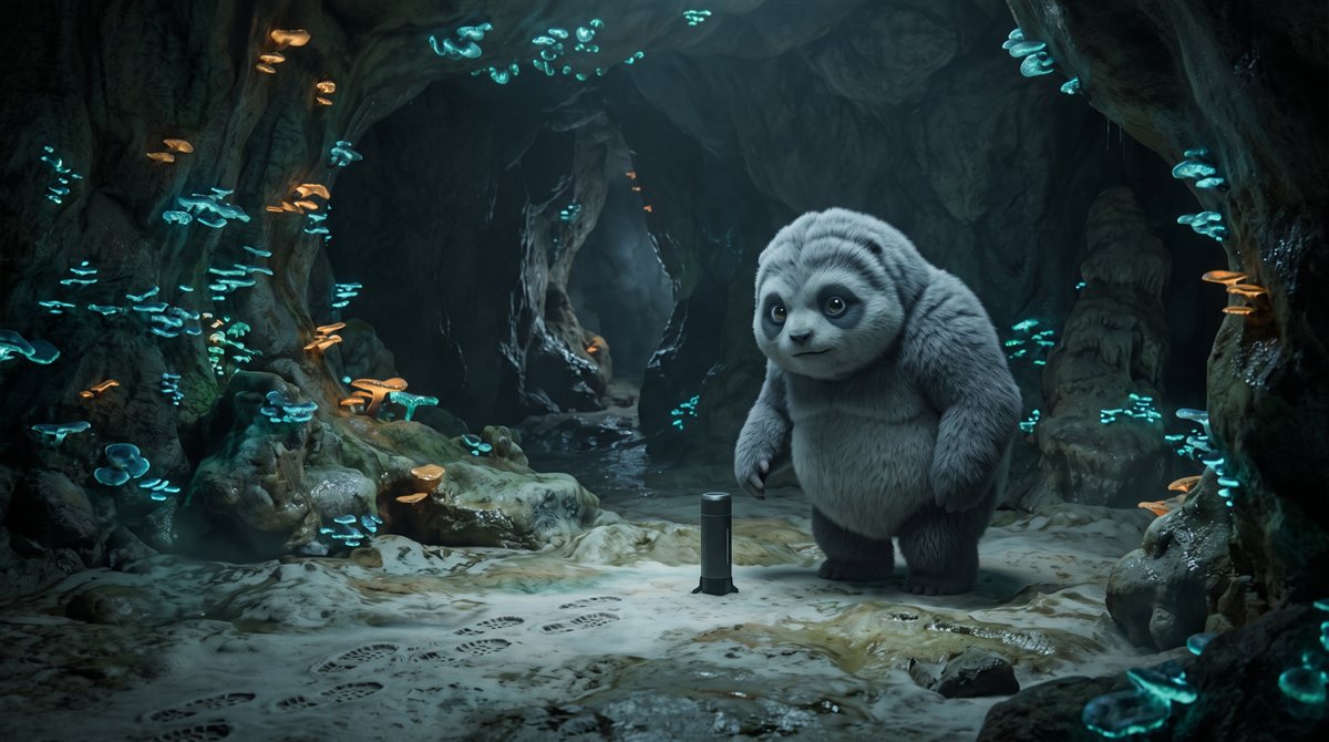 A stocky grey alien with a panda-like build standing upright in a cavern lit by teal and amber fungus, large dark eyes ringed in darker grey, looking toward a small plain cylindrical instrument standing on pale silt where a line of bootprints ends.