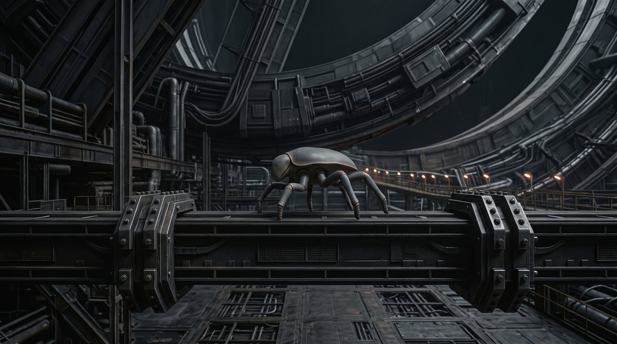 Tekka, a small six-legged Chthonari with a low, segmented slate-grey carapace and a smooth featureless head, mid-stride along the top of a heavy horizontal structural beam beneath a habitat's dock ring, legs placed exactly between two bolted brackets. The curve of the ring's understructure fills the frame behind, with a line of walkway lights in the distance.