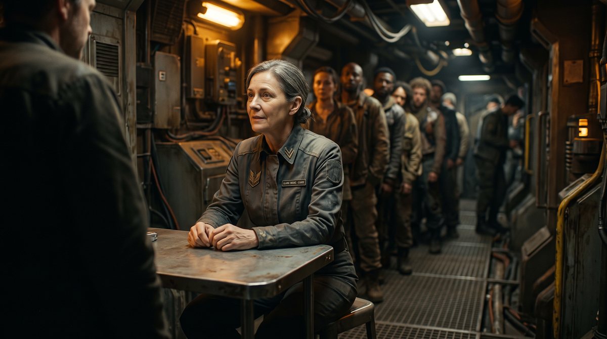 Thalassa Vexar, a woman in her fifties in a plain worn administrative jacket, seated at a bare metal counter in a cramped amber-lit Belt office, turned attentively toward someone standing out of frame. A queue of people waits behind her, out of focus.