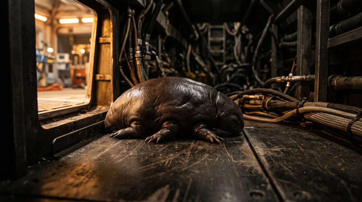 Thrum, a small animal with a smooth dark glossy hide and short stubby limbs, pressed flat against a metal plate in a narrow service void with no visible eyes or ears, occupied with the surface beneath it. Warm amber light leaks in from an open panel; cables and ducting recede into the dark.