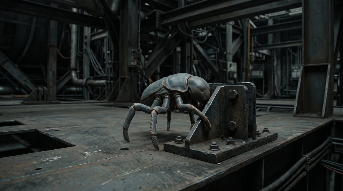 Tikket, a small six-legged Chthonari with a low, segmented slate-grey carapace and a smooth featureless head, pressed close against a heavy bolted mounting bracket on bare deck plating beneath a habitat's dock ring, every limb in contact with the metal as if listening through it. Girders, pipework and a distant walkway recede into shadow behind.