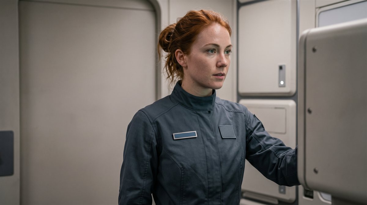 Tissadelle Shepherd in her early twenties, red hair tied back, in the dark slate-grey field uniform with a stand collar, a single small rectangular rank tab with a slate-blue bar on her chest and a plain diamond patch beside it, nothing else on the uniform, standing in a pale sealed compartment with one hand on a smooth housing to her right.