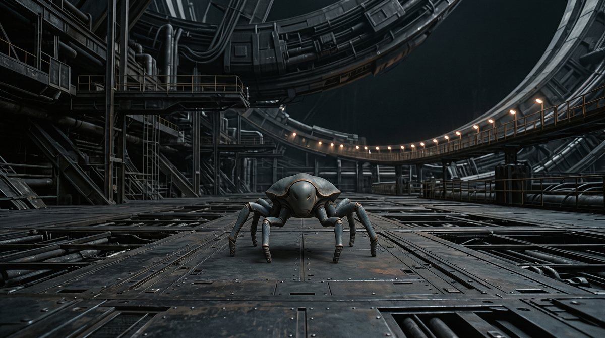 Tsikk, a small six-legged Chthonari with a low, segmented slate-grey carapace and a smooth featureless head, standing alone at the centre of a wide expanse of bare deck plating beneath a habitat's dock ring, all six legs planted and the body raised slightly at the front. The ring's understructure curves overhead, and a long line of walkway lights is coming on around it in the distance, as if the structure had noticed.