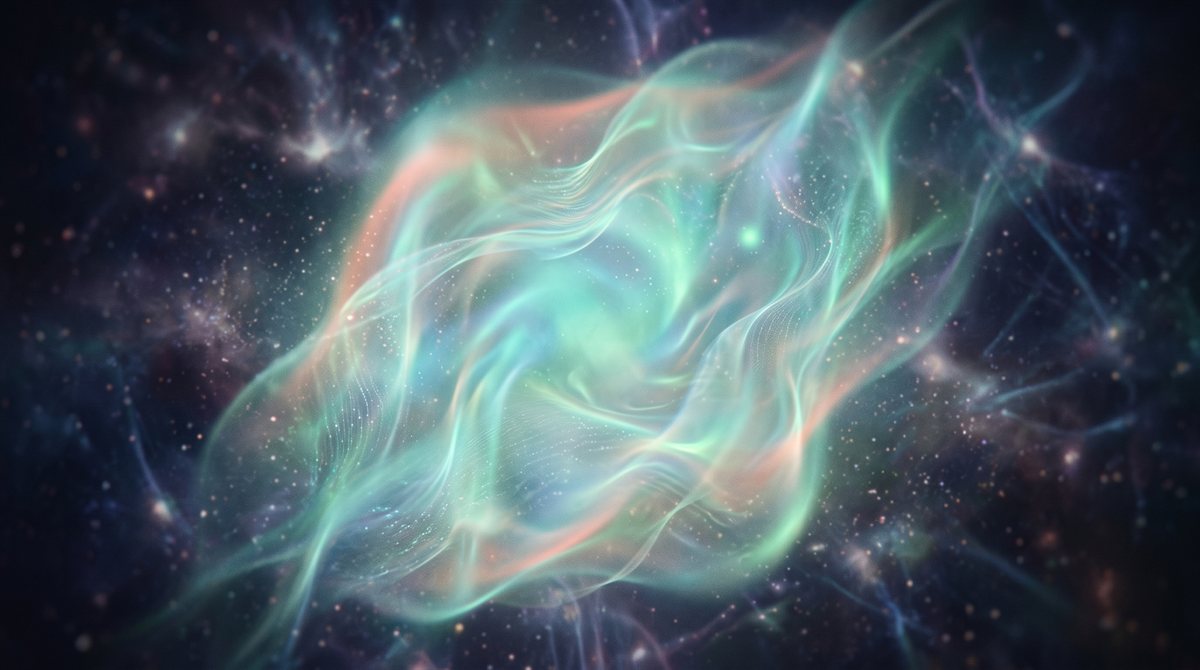 An abstract field of turquoise and green iridescent light curling through a dark starfield, with no figure and no face