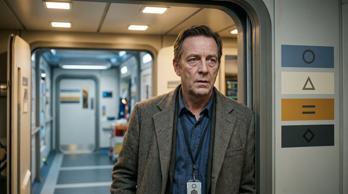 Detective Inspector Wendell Albercombe, a middle-aged man in a worn herringbone jacket over an open blue shirt, standing in the doorway of a clean well-lit habitat bureau at the end of a long shift. Beside him a stencilled plainmark panel carries four stacked colour bands, each bearing a single geometric figure.
