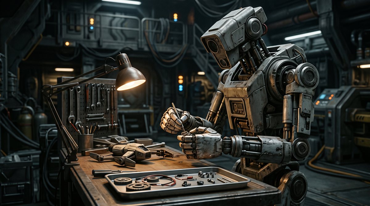 Xenon, an old maintenance robot with a boxy sensor head and worn many-jointed hands, bent over a workbench in a ship's machine bay under a single bench light, holding a small part with care. A small service machine lies intact on the bench beside a tray of clean parts laid out in order; tools hang on the wall behind.