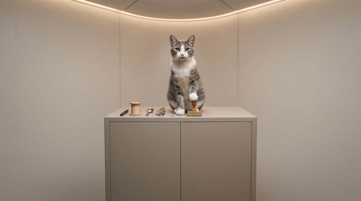 A young grey-and-white cat sits upright on top of a plain two-door cabinet in a bare, softly lit room of seamless pale panels, one forepaw resting on a wooden-handled rubber stamp, looking straight at the viewer. Laid out beside him on the cabinet top are a stylus, a wooden reel of thread, a spoon and a pair of glasses. No collar; nothing on the walls but a single recessed line of warm light near the ceiling.