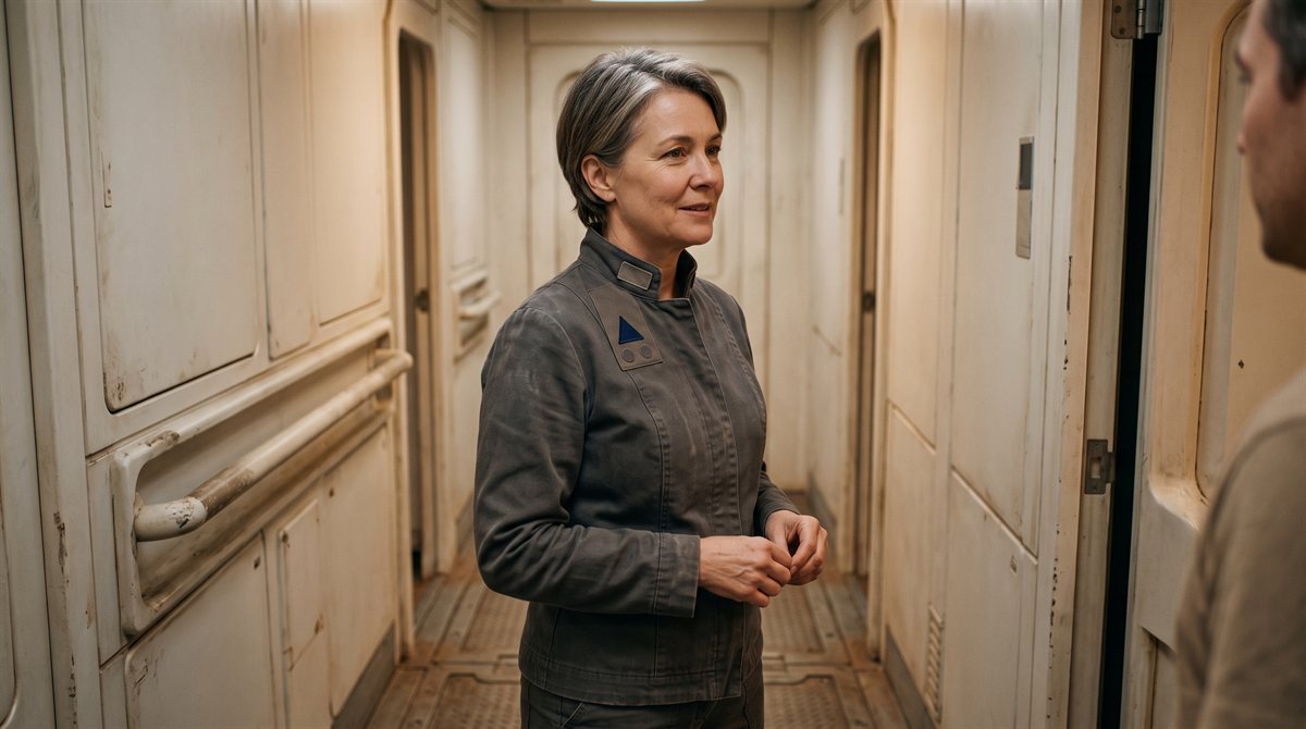 Zoe Smith, a woman in her fifties with short grey hair, in plain grey-brown Star Rangers service dress with a small tab at the collar, standing in a worn, evenly lit residential corridor of a space habitat, half-turned toward someone at a doorway on the right and listening, hands loosely together. The hatches around her are plain and unmarked.