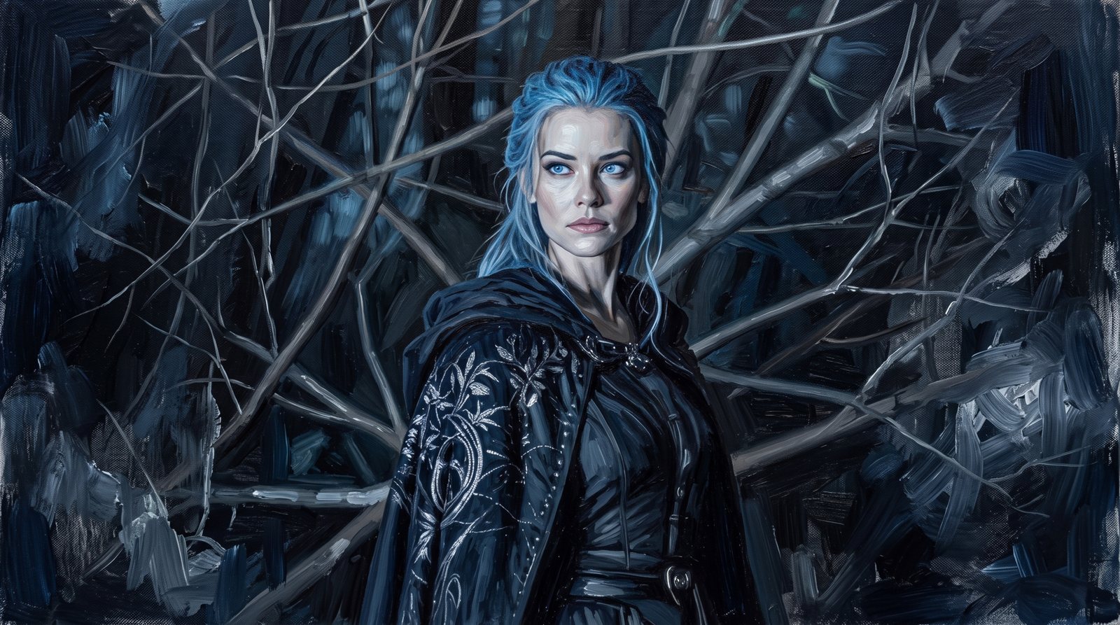 A painted impression: a pale woman who appears in her thirties, loose blue hair, pale blue eyes, in a black hooded cloak worked with silver botanical embroidery, standing three-quarter turned among bare winter branches at night, gaze level and past the viewer; heavy brushwork in night blue, black and silver.