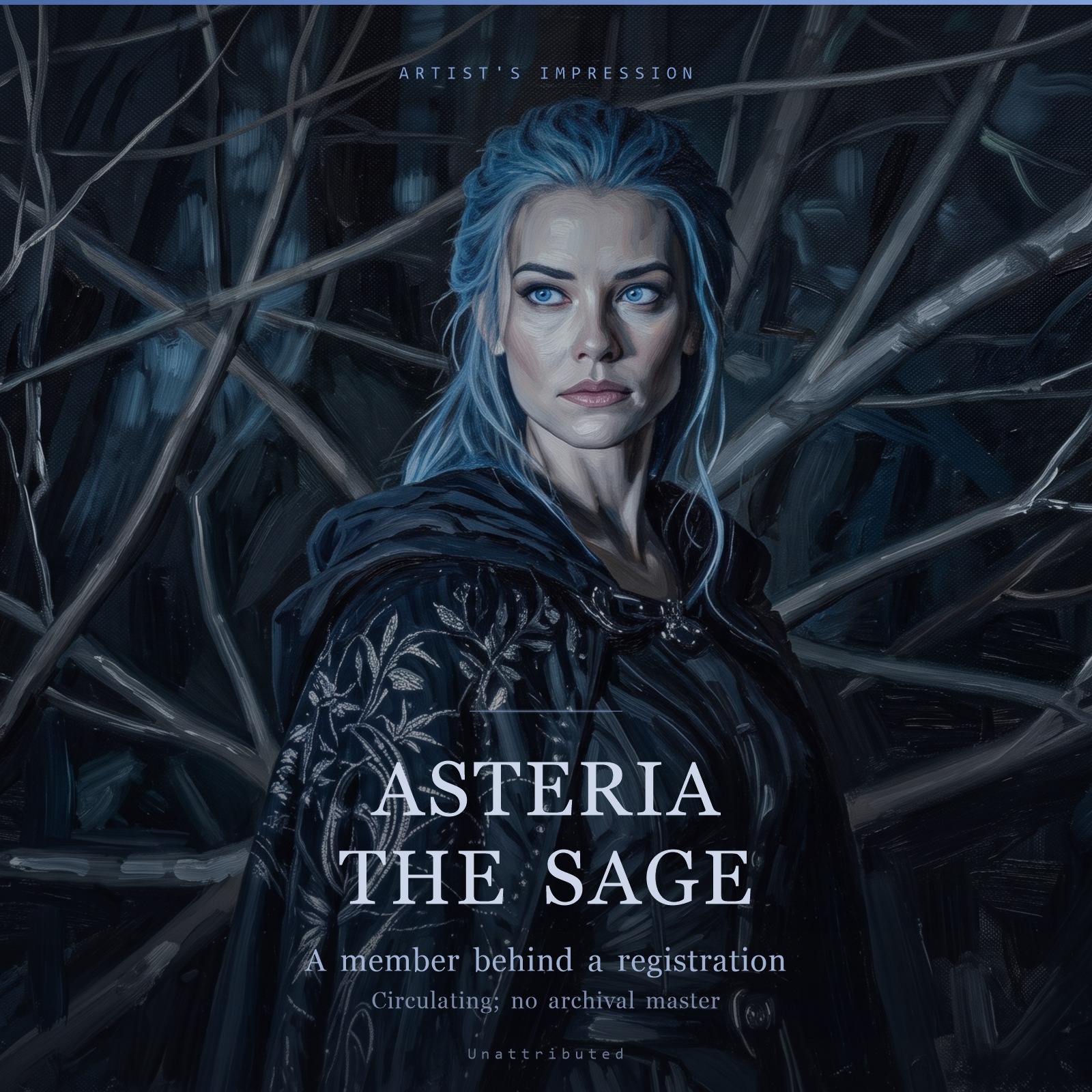 Designed title card for Asteria the Sage (Artist's Impression): the title in pale serif type over a scrimmed reproduction of the painting beneath, a blue-haired woman in a black cloak among bare branches at night.