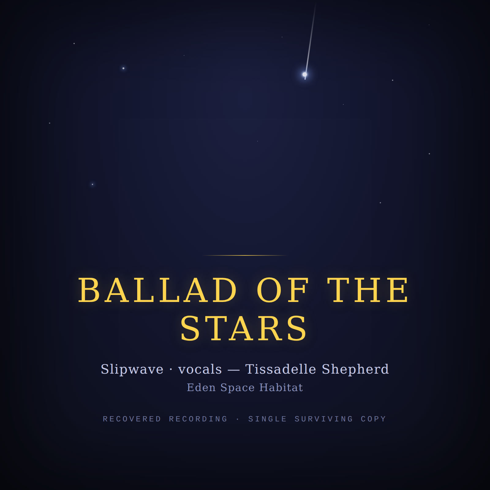 Designed album cover for 'Ballad of the Stars': gold serif title over a dark navy starfield with a single star trailing off the top edge.