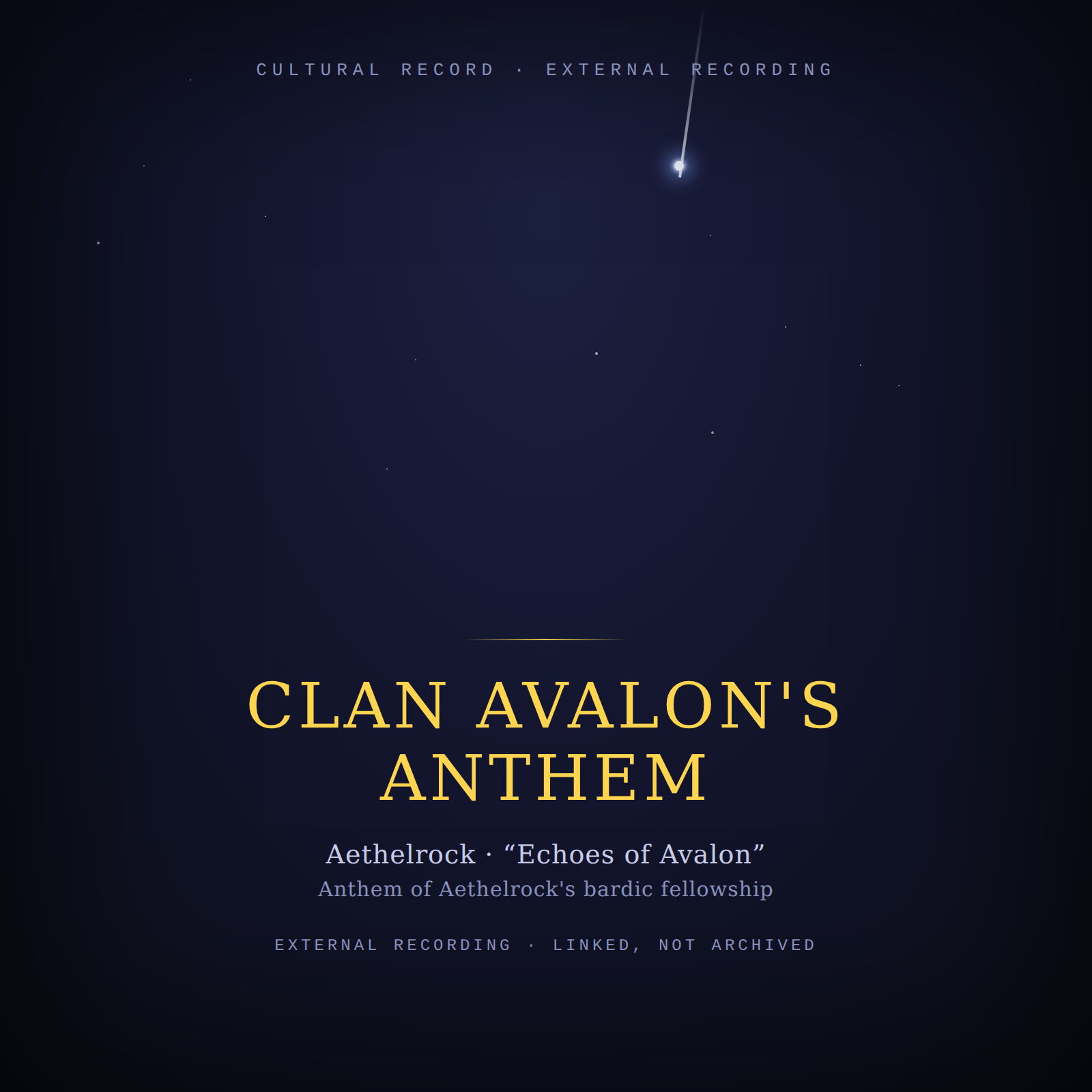 Designed cover for Clan Avalon's Anthem: a gold serif title over a dark starfield, with a trailing star, in the style of the site's other Aethelrock recording covers.