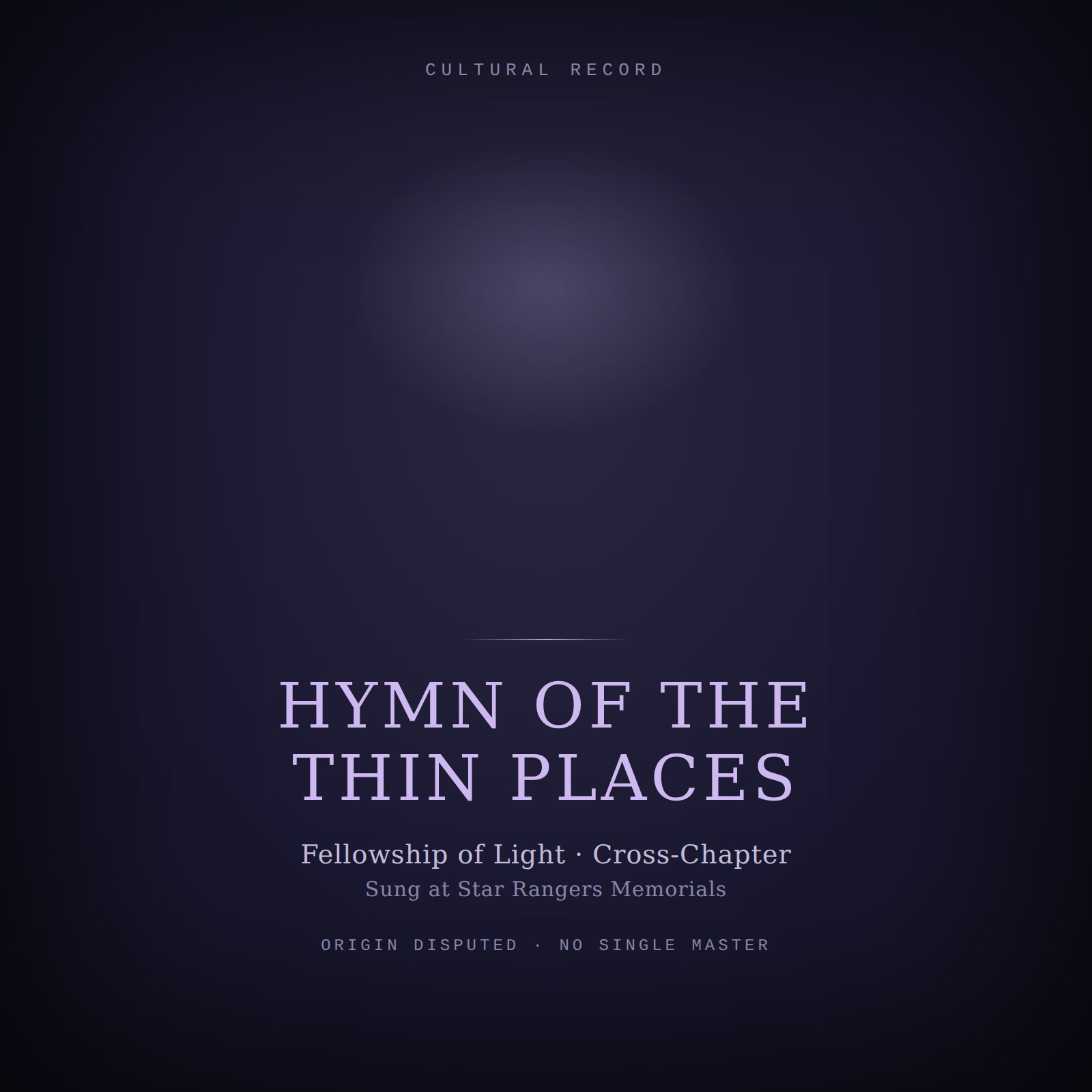Designed cover for Hymn of the Thin Places: a soft violet glow in a dark, ethereal field, evoking a thin place between worlds.
