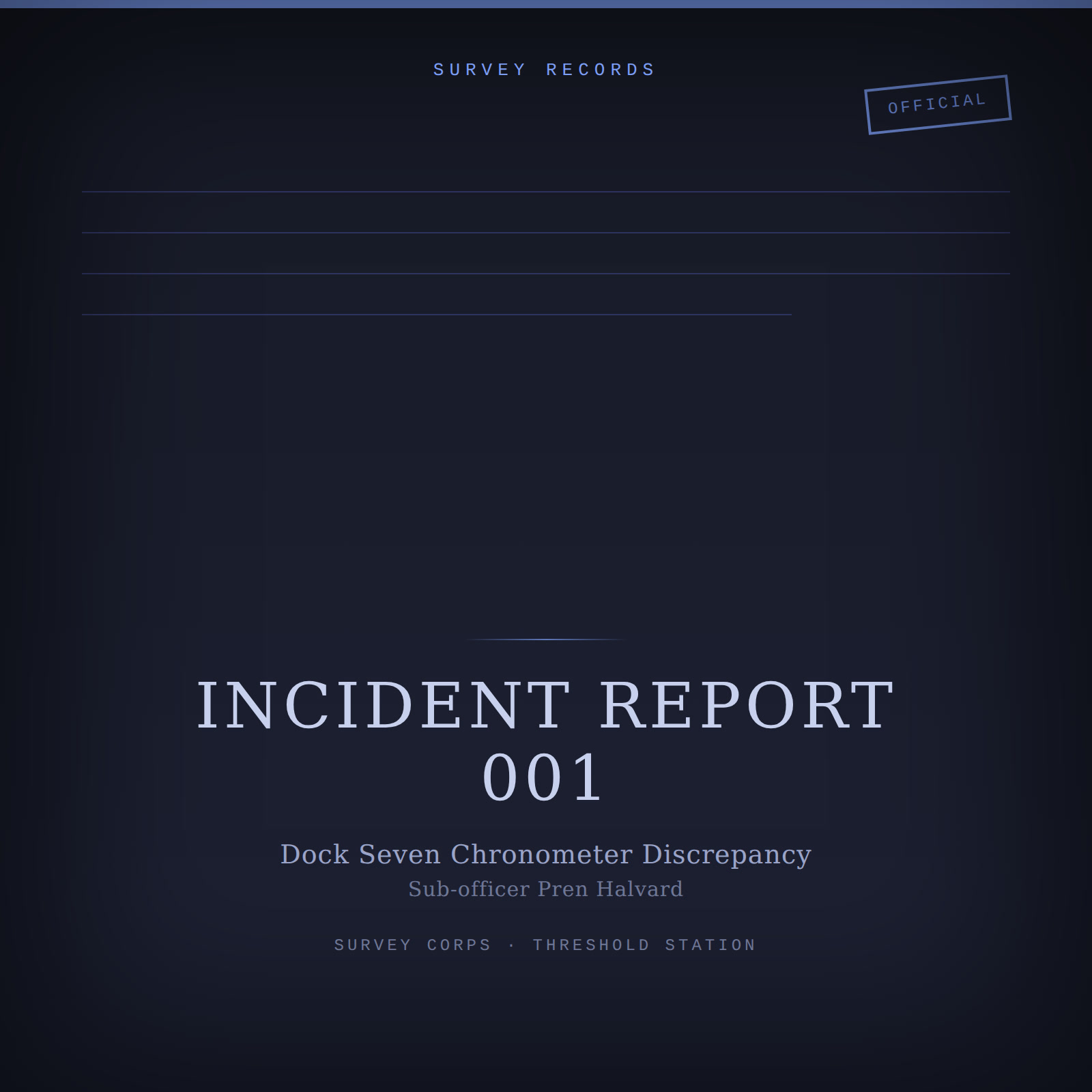Designed cover for Incident Report 001: a formal document-style cover with ruled lines and an OFFICIAL stamp on a dark navy background.
