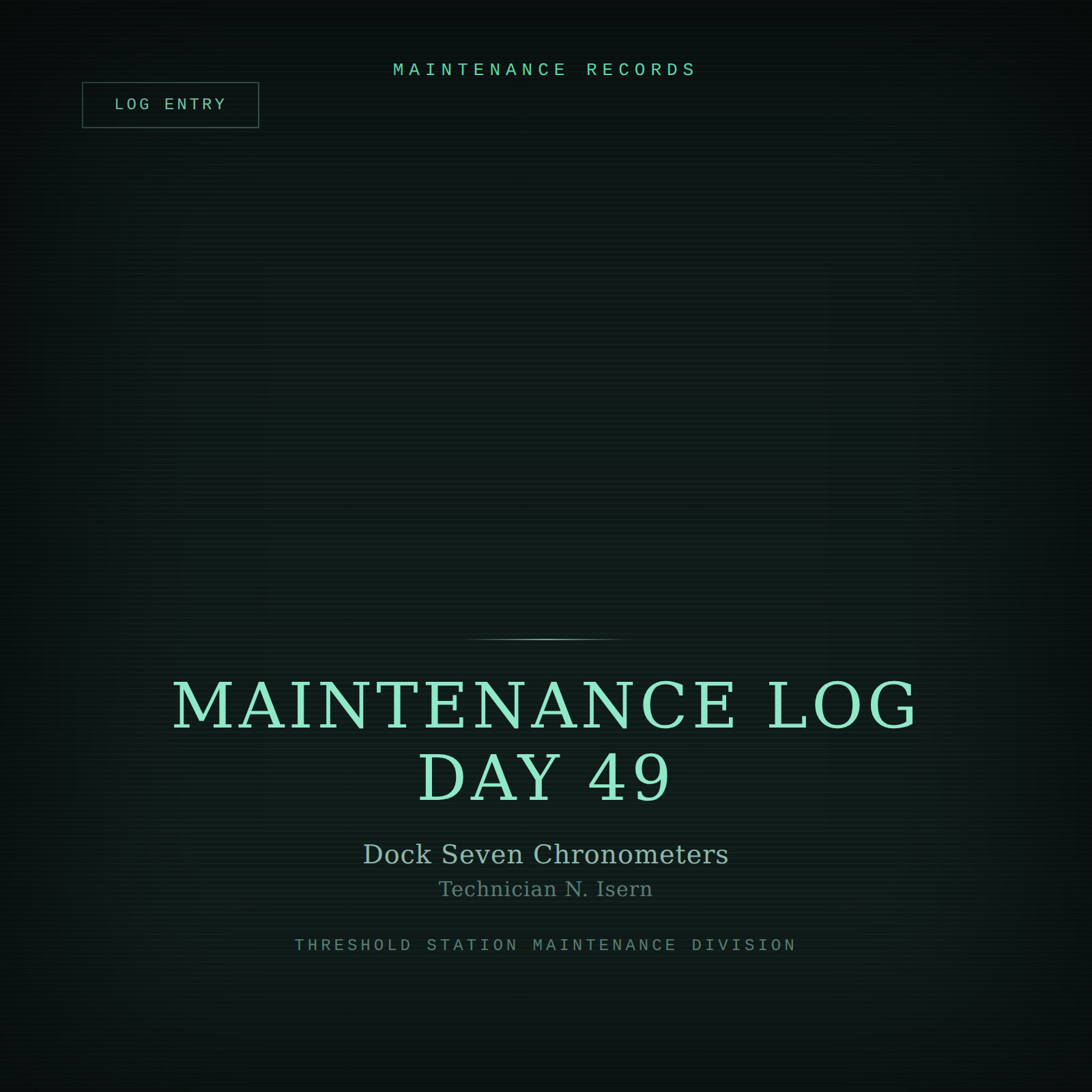 Designed cover for Maintenance Log Day 49: a terminal-style log readout in teal-green scanlines on a dark background.