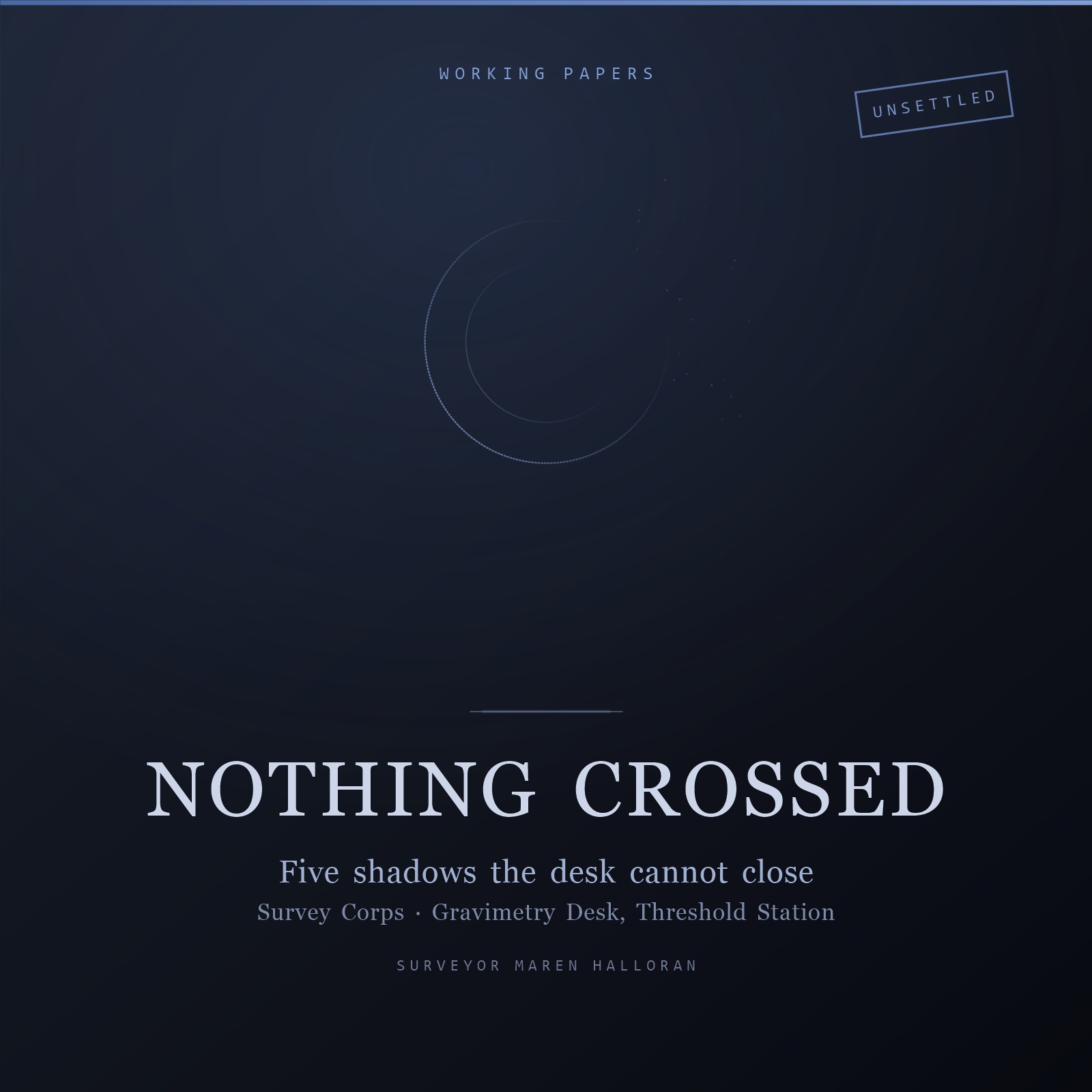 Designed cover for Nothing Crossed: on a dark navy ground, the category WORKING PAPERS in spaced capitals at the top, an UNSETTLED stamp at the top right, a thin ring fading away round its circumference in the centre, and below a short rule the title NOTHING CROSSED in pale serif capitals, subtitled 'Five shadows the desk cannot close', with the institution and the author's name beneath.