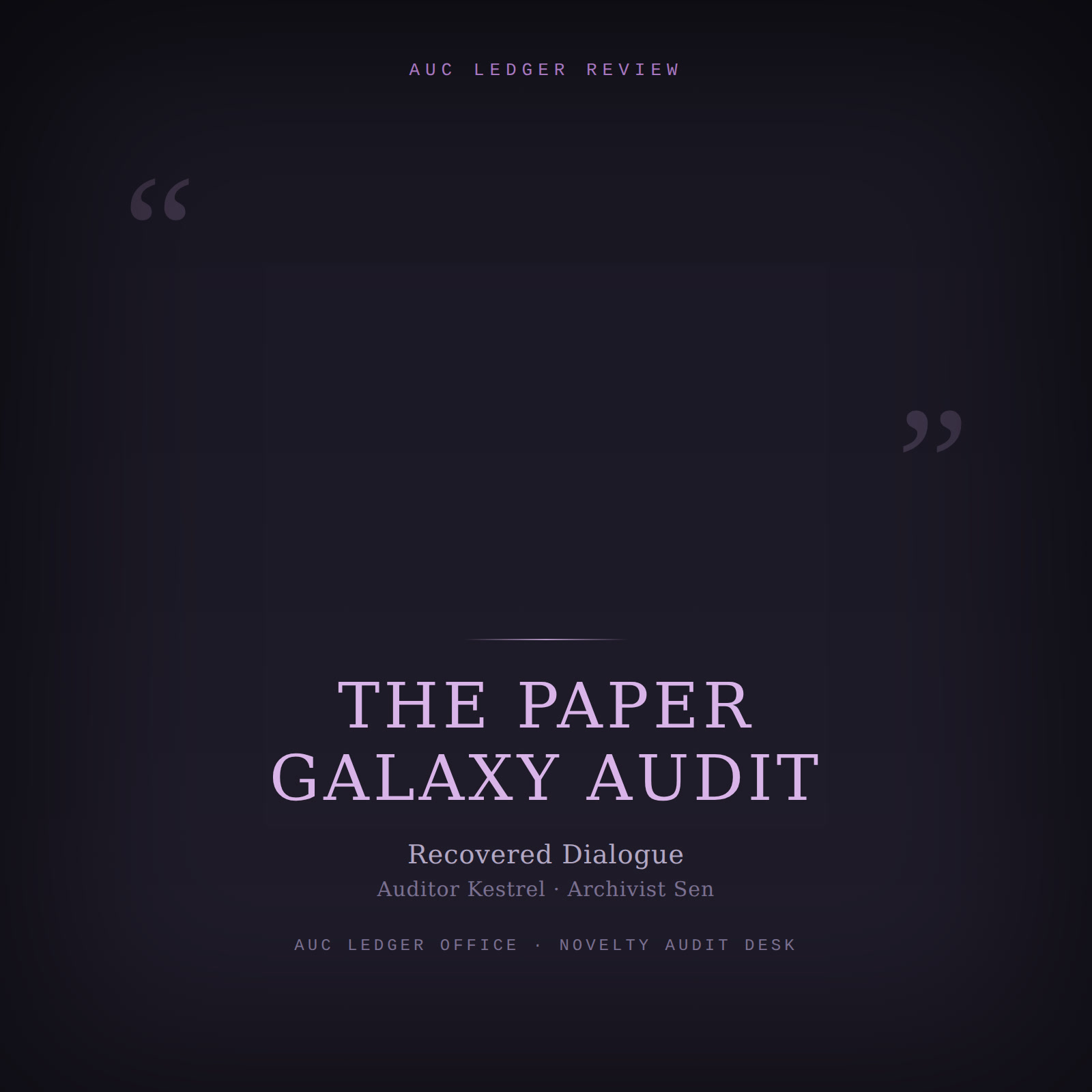 Designed cover for The Paper Galaxy Audit: pale violet quotation marks on a dark muted background, evoking a recovered dialogue transcript.