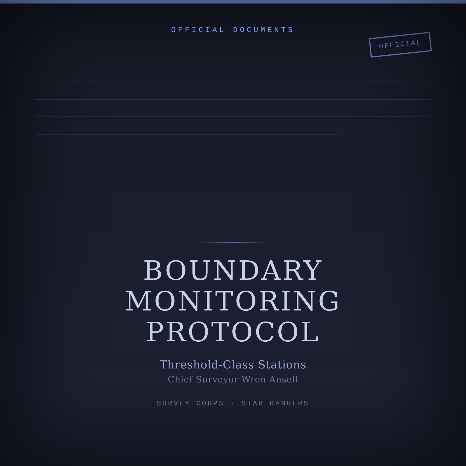 Designed cover for the Survey Corps Boundary Monitoring Protocol: a formal document-style cover with ruled lines and an OFFICIAL stamp on a dark navy background.
