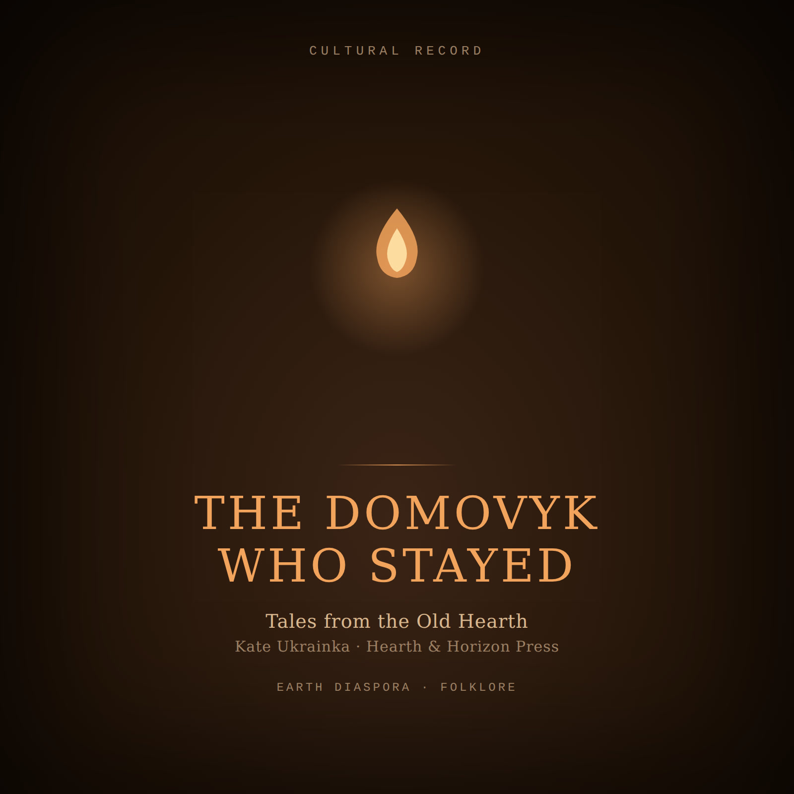 Designed cover for The Domovyk Who Stayed: a small warm hearth-flame glow on a dark amber-brown background.