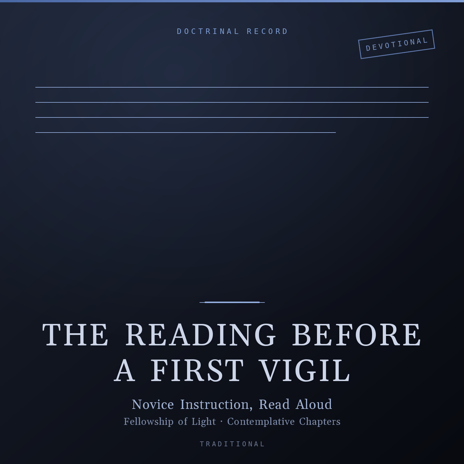 Designed cover for The Reading Before a First Vigil: four faint ruled lines across the upper half of a dark blue-black gradient, a tilted DEVOTIONAL stamp at the top right, and the title in pale serif capitals below a short divider — a document card, not a photograph.