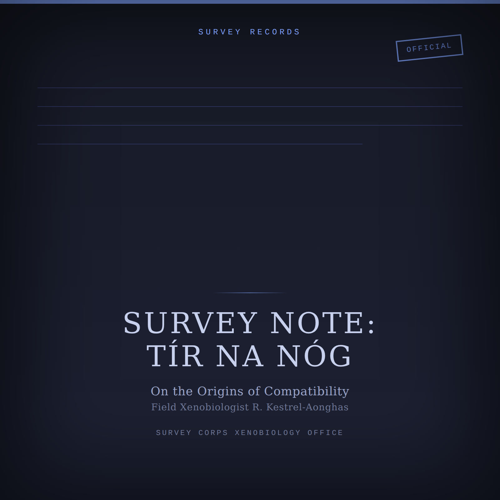 Designed cover for the Tír na nÓg compatibility survey note: a formal document-style cover with ruled lines and an OFFICIAL stamp on a dark navy background.