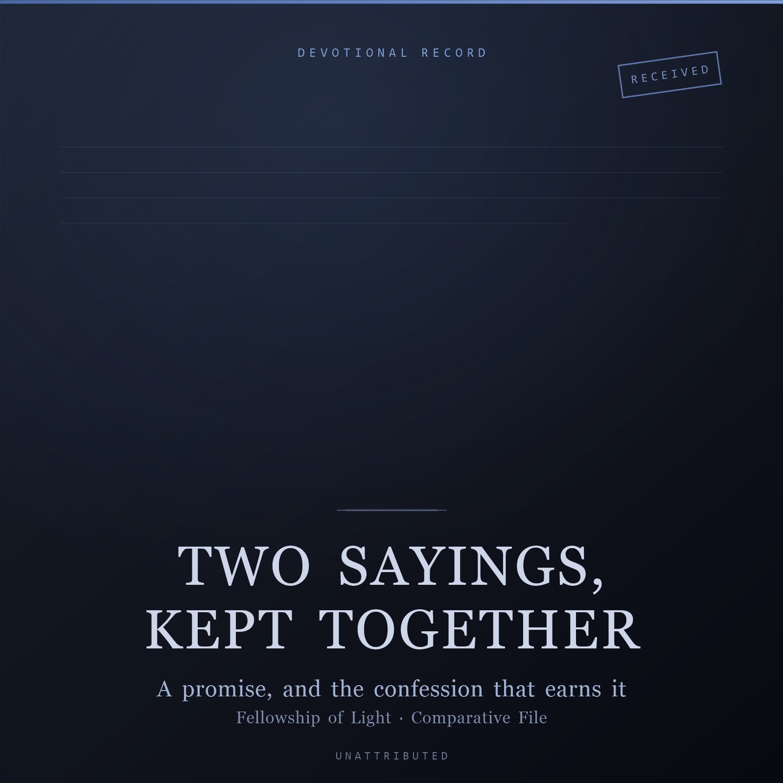 Designed cover for Two Sayings, Kept Together: the title in pale serif type over a dark blue gradient with ruled lines, headed DEVOTIONAL RECORD.