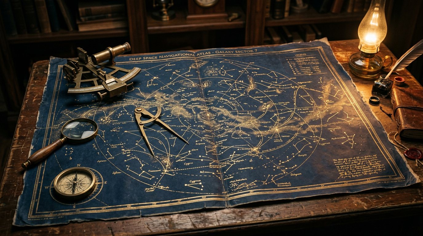 A vintage deep-space navigational atlas in gold ink on blue paper, spread across a chart table with sextant, compass, and drafting dividers under lamplight